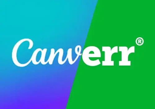 Logo design with the text 'Canverr' in a mix of cursive and bold fonts from canva and fiverr, split between a blue-purple gradient background and a solid green background, symbolising an online platform for affordable logo design services.