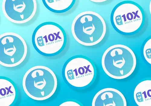 10X Sales Genie logo featuring a stylised blue and white genie with a beard and turban, accompanied by the text '10X Sales Genie' in bold blue and purple font, set against a gradient blue background.