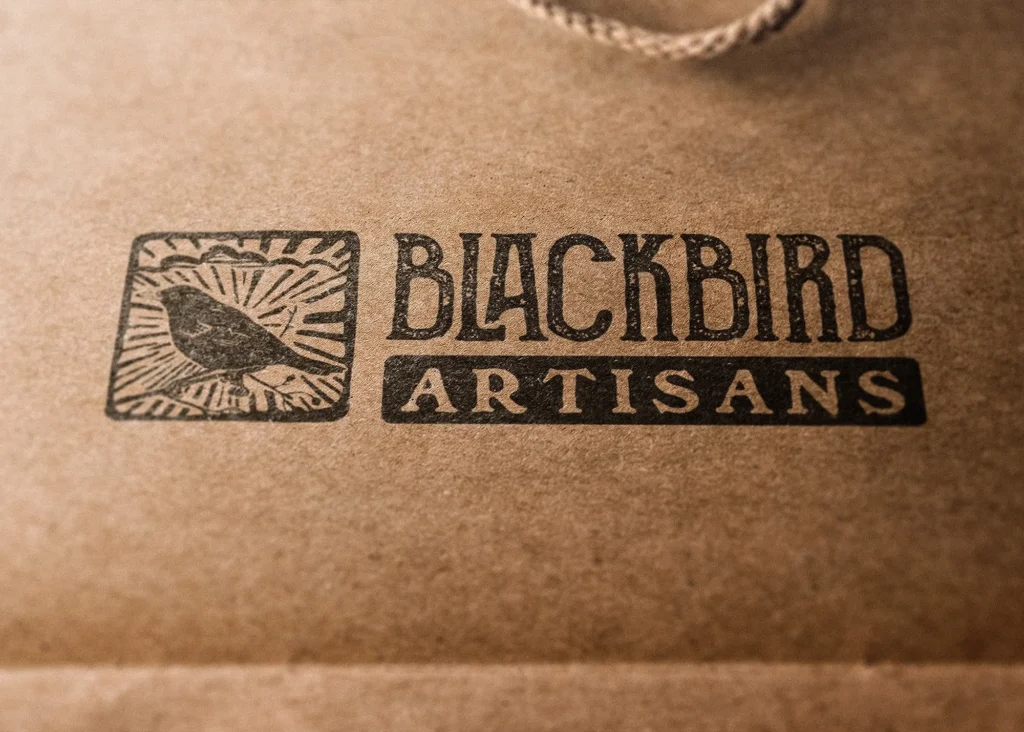 Close-up of a brown paper bag with a vintage stamp logo featuring a blackbird in a decorative square, next to bold text naming an artisan company.