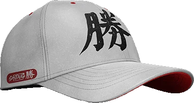 Grey baseball cap with Chinese character graphic design in black on the front and a red DJ logo on the side, featuring a red under brim.