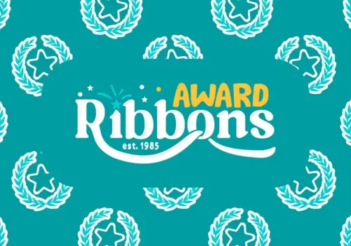 Logo design for Award Ribbons featuring playful typography with the word 'Ribbons' in white and 'AWARD' in yellow, set against a teal background with a repeating pattern of laurel wreaths and stars.