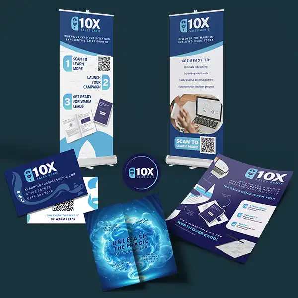 selection of design materials including business cards and banners for a Graphic design retainer client