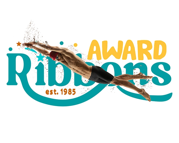 Dynamic visual identity for a ribbon printer in coventry featuring a swimmer in motion with water splash effects, integrated with bold and playful typography.