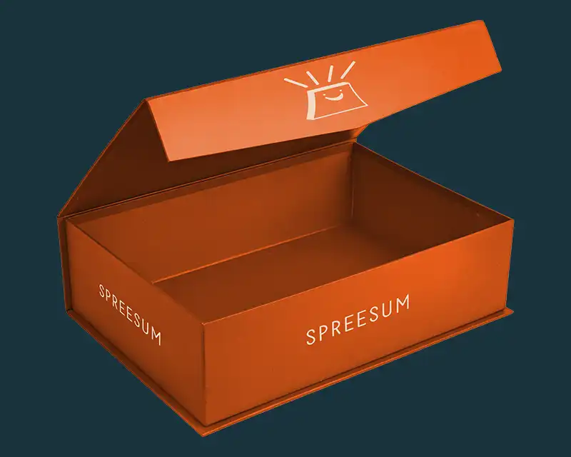 Branded packaging box for a fashion and beauty mystery box brand with an e-commerce logo design printed onto it