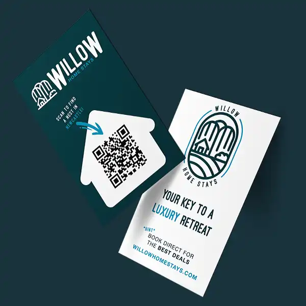 Printed promotional cards for Willow Home Stays featuring custom branding, QR code integration, and luxury print finish — a stylish example of high-quality printing for hospitality businesses.