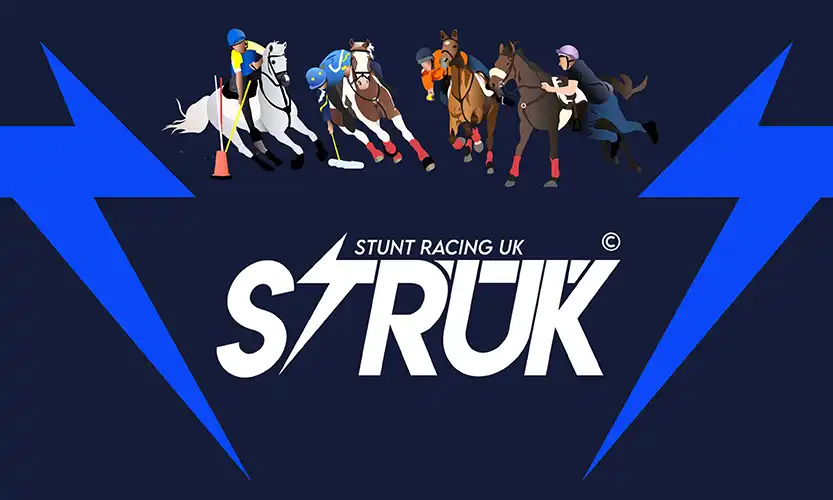 STRUK logo with illustrated horse riders in action, representing stunt racing events in the UK, designed for a high-energy equestrian sports brand