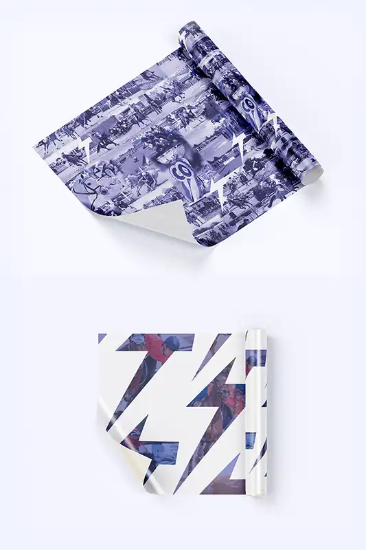Custom equestrian-themed wrapping paper designs featuring dynamic lightning bolt patterns and event photography, created by a freelance graphic designer for STRUK