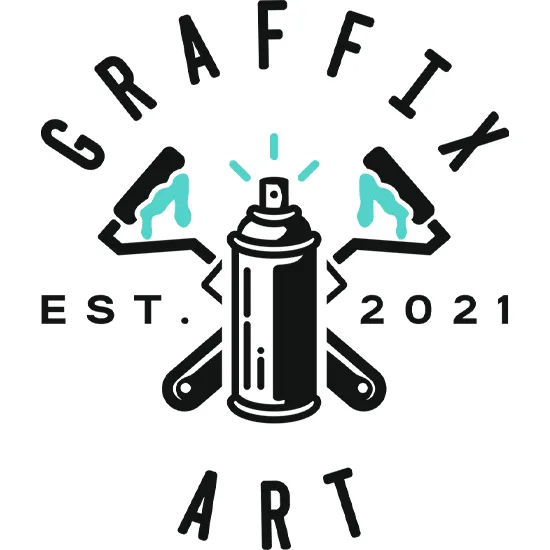 Graffiti artist logo design featuring a minimal monochromatic spray can and rollers.