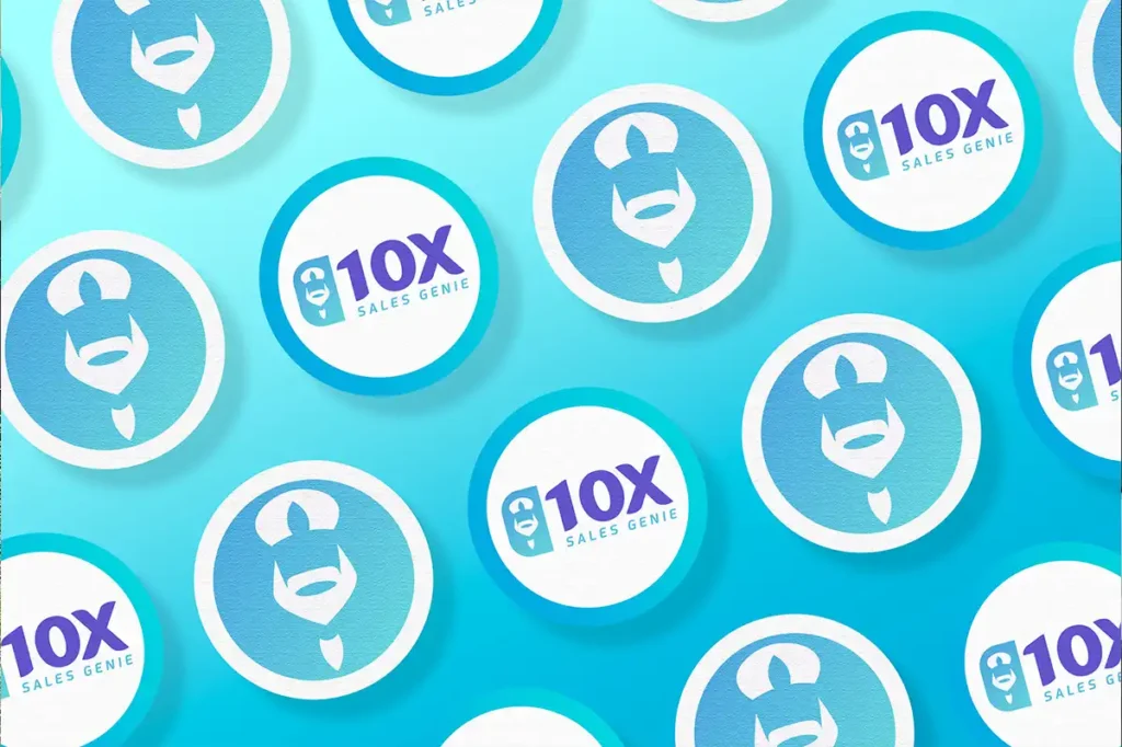 Collection of round stickers featuring the 10X Sales Genie logo with a stylized genie icon and bold typography, set against a bright blue gradient background.