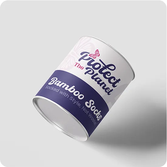 Eco-friendly bamboo socks packaging with a ‘Protect the Planet’ design, showcasing sustainable branding and minimalist design.