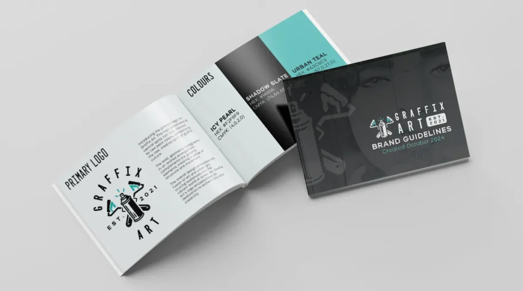 Open brand guidelines booklet for "Graffix Art," showcasing primary logo, colour palette, and typography for visual identity consistency.