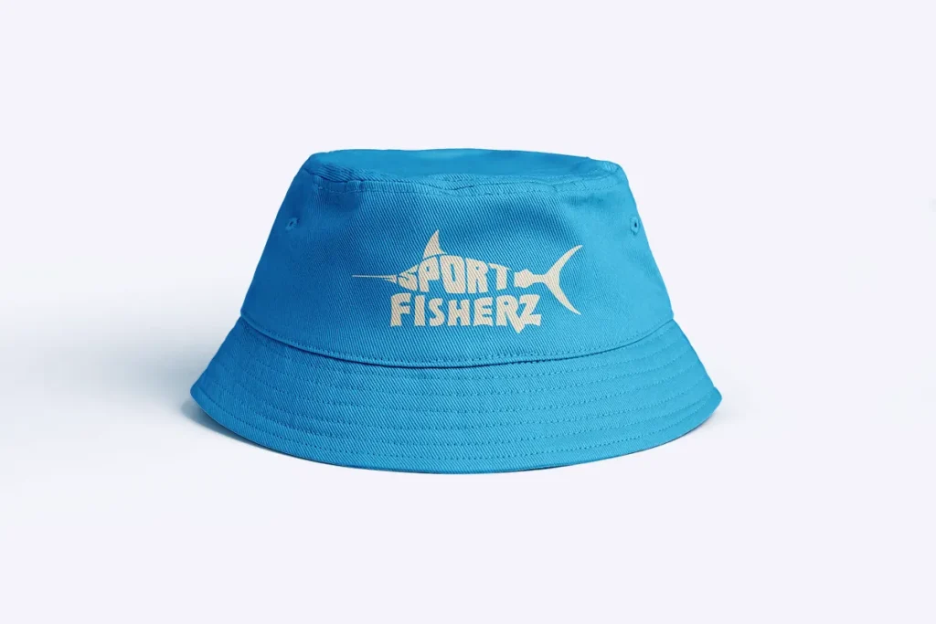 Blue bucket hat with custom fishing logo featuring a swordfish design and bold typography.