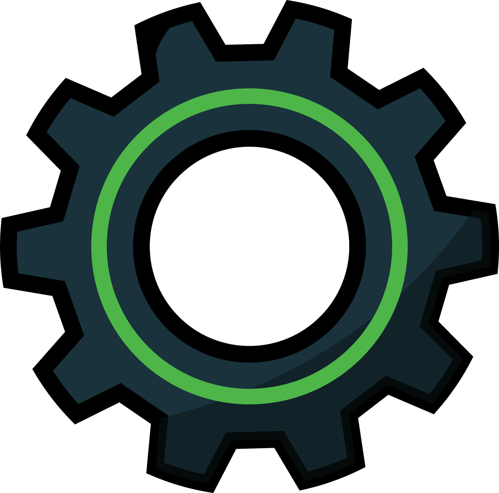 Dark teal cog icon with a green ring, representing settings or configuration.