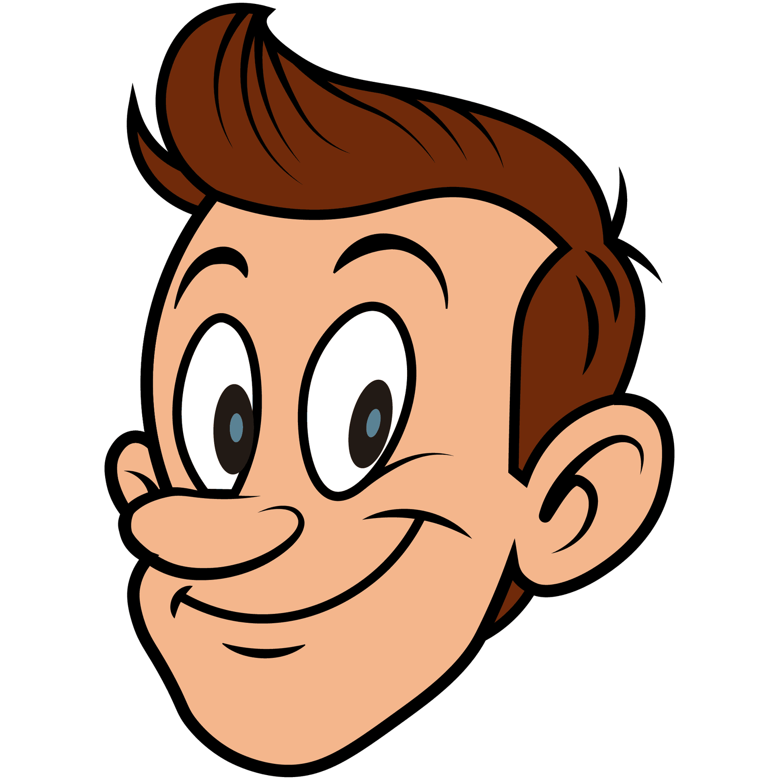 Cartoon avatar of a smiling man with brown hair and a quiff, big eyes, facing right on a transparent background.