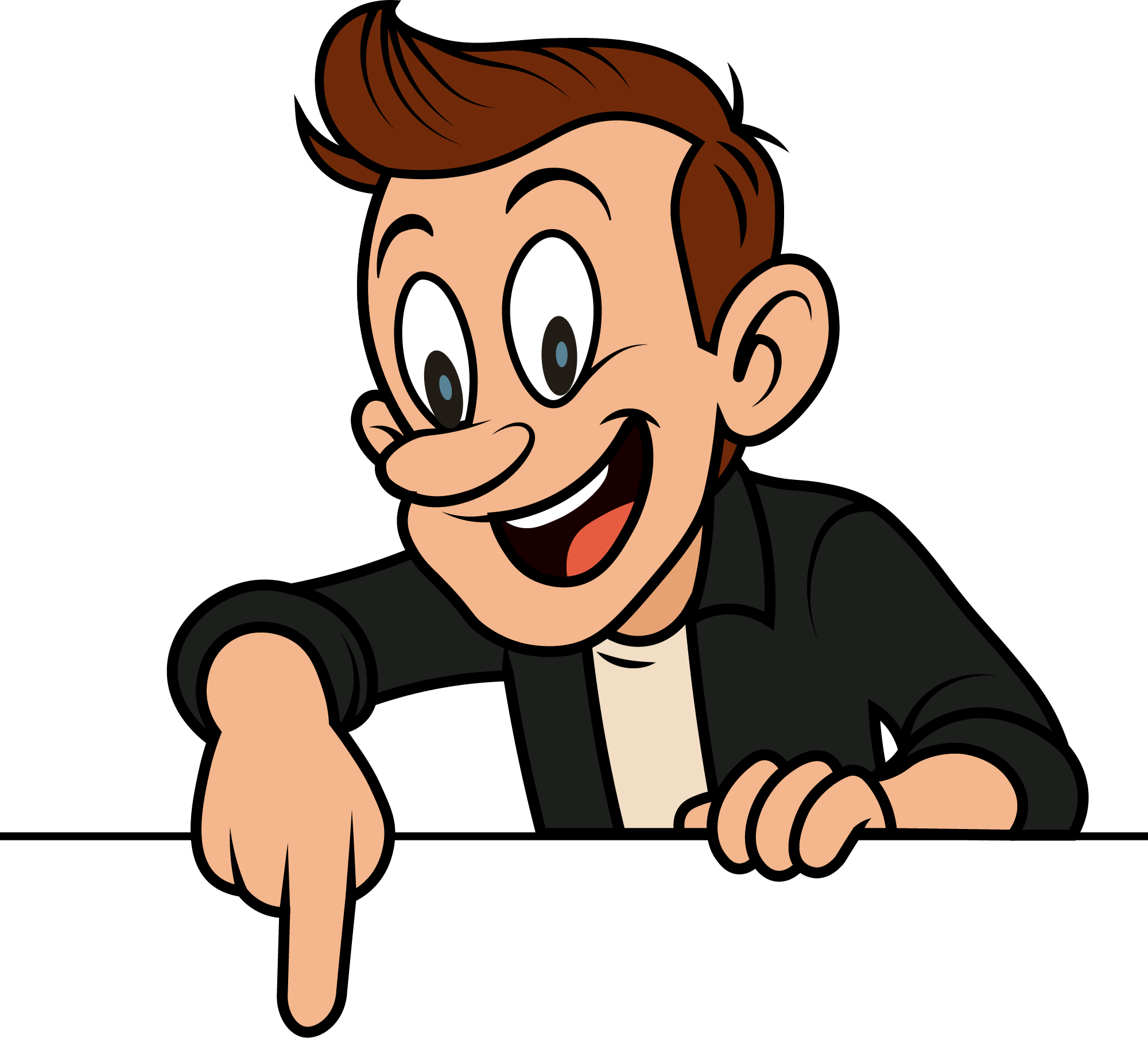Cartoon avatar of a smiling man with brown hair leaning over an edge and pointing down, inviting action.