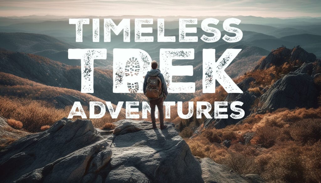 Outdoor adventure graphic featuring a hiker standing on a rocky viewpoint overlooking layered mountain landscapes, with bold distressed typography creating a rugged, exploration-focused design