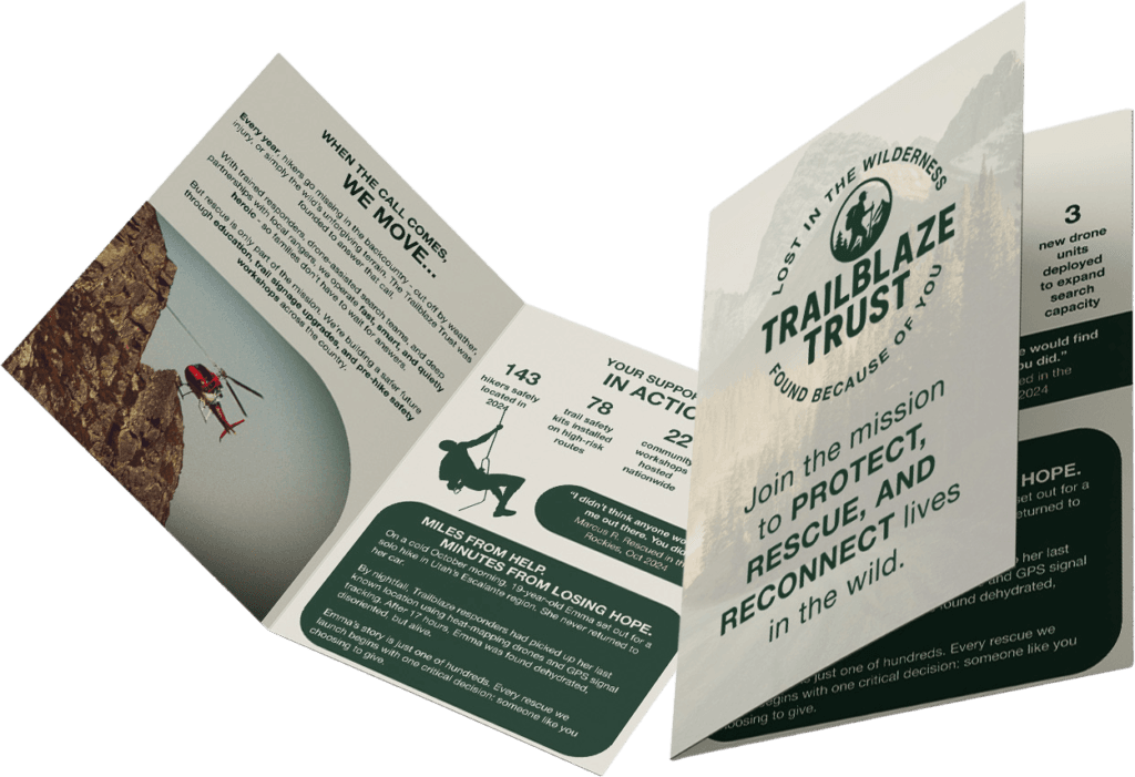 Fold-out brochure design featuring clean editorial layout, muted natural colour palette, and a mix of photography, icons, and typography, presenting information in structured panels with a modern outdoor-focused visual style