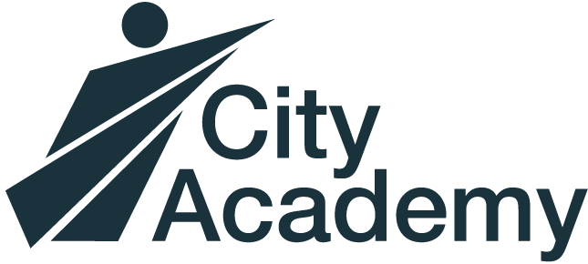Academy brand mark with abstract rising figure and modern sans-serif typography