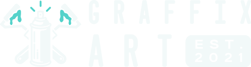 Graffix Art logo featuring a spray paint can with crossed rollers and artistic elements, accompanied by bold uppercase typography spelling 'GRAFFIX ART' and a badge reading 'EST. 2021'.