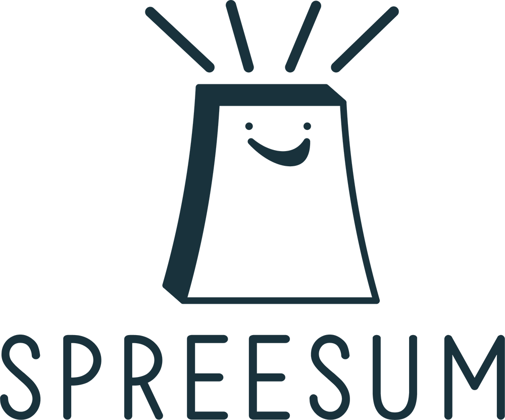 Spreesum e-commerce brand icon featuring a smiling shopping bag icon with radiating lines