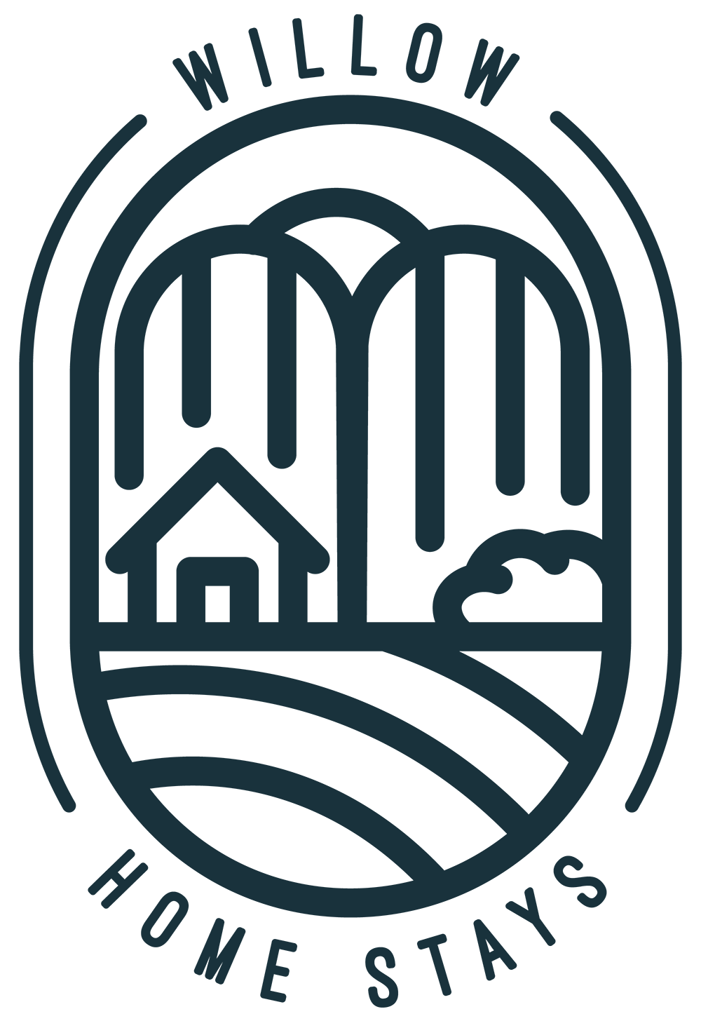 Willow Home Stays logo featuring a house, willow trees, and rolling countryside in a modern badge style