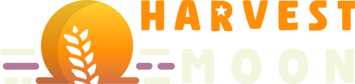 Harvest Moon logo featuring a stylised golden moon with a wheat stalk silhouette in the centre, accompanied by the text 'HARVEST MOON' in bold, gradient lettering with decorative horizontal lines.