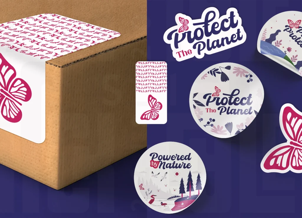 ustom eco-friendly sticker and label designs for ecommerce site, featuring butterfly illustrations, floral patterns, and nature-inspired branding.