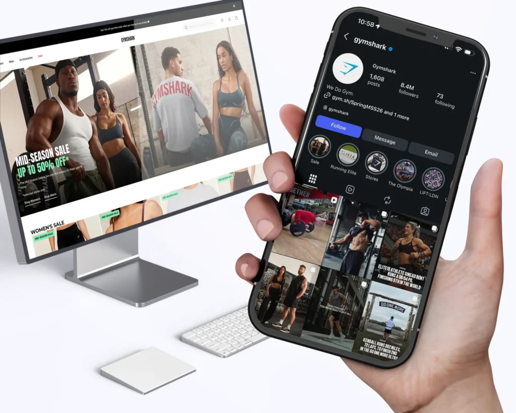 Clean digital mockup showing a desktop e-commerce website alongside a smartphone displaying a fitness brand’s social media profile, highlighting a cohesive online presence across web and mobile platforms