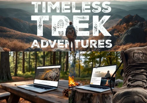 Outdoor adventure brand mockup combining a rugged mountain scene with bold distressed typography, alongside laptop website displays set in forest environments, blending digital design with nature-focused lifestyle visuals