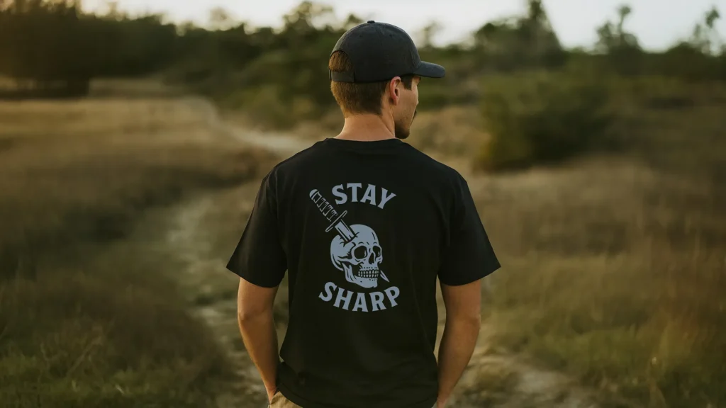 Lifestyle shot of a man walking along a dirt path in a natural landscape, wearing a black t-shirt with a bold back graphic featuring a skull and dagger design with curved typography