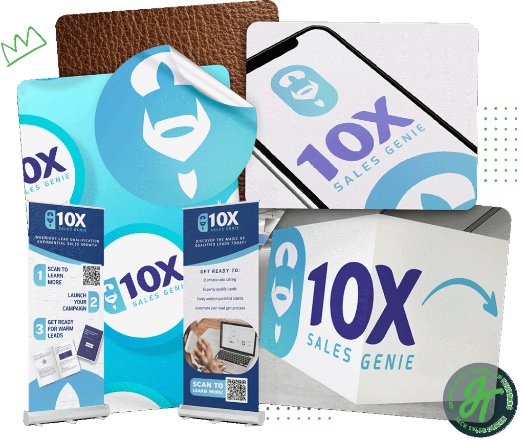 Sales business brand materials shown across stickers, exhibition stands, signage and car air freshener mockups.