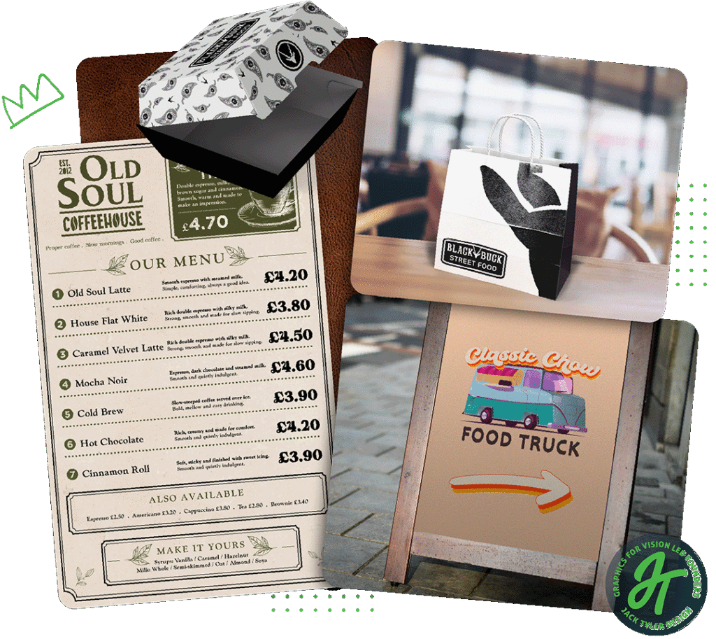 Street food branding blog hero showing a branded menu design, takeaway packaging, coffeehouse menu, food truck signage and Jack Tyler Design graphic elements.