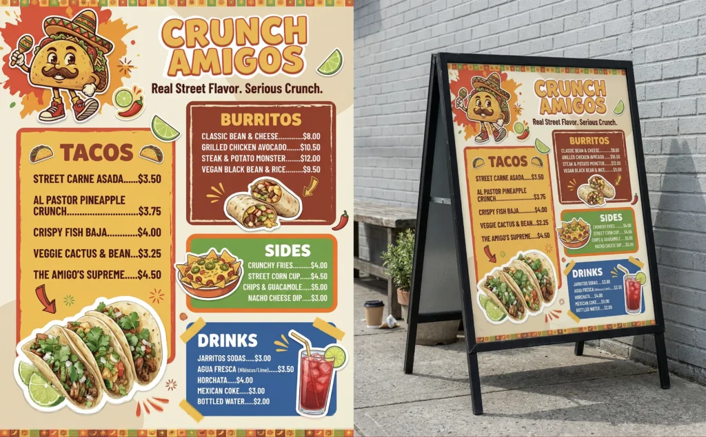 Colourful street food menu board design featuring playful illustration, bold typography, and vibrant sections for tacos, burritos, sides, and drinks, displayed as both a flat layout and an outdoor A-board sign mockup